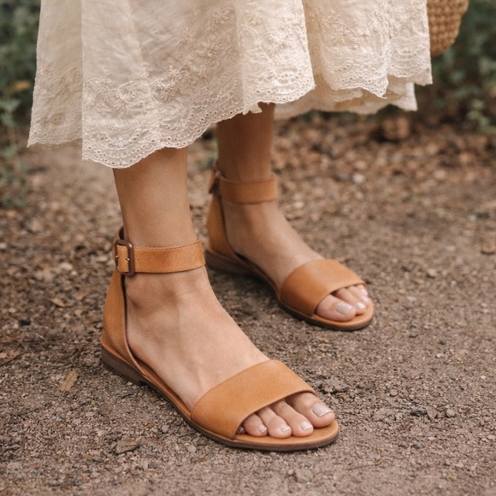 Ethem Tan Leather Ankle Strap‎ Sandals Sz 7.5 Minimalist Summer Neutral